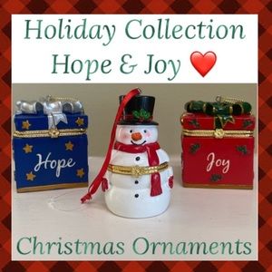 Christmas Ornaments Hope & Joy Snowman Gifts Trinket Box Set Gold Jewel Tones